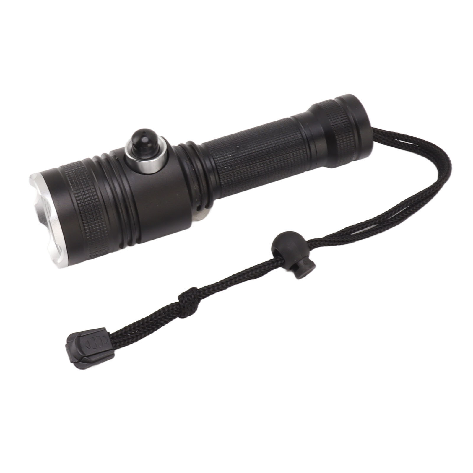 Schwarze Taschenlampe mit schwarzem Kabel. Die Taschenlampe hat einen Knopf und einen silbernen Rand um das Licht.