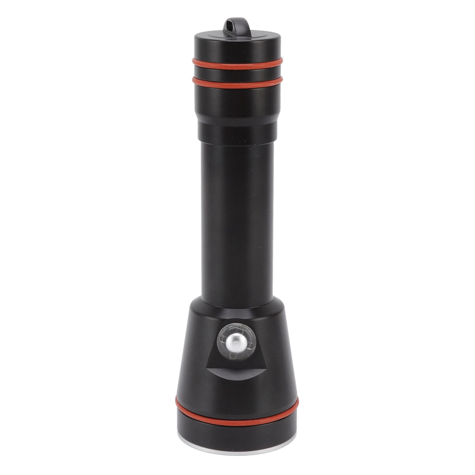Schwarze Taschenlampe mit roten Ringen. Hat einen Knopf und eine Schlaufe. Der Hintergrund ist weiß.