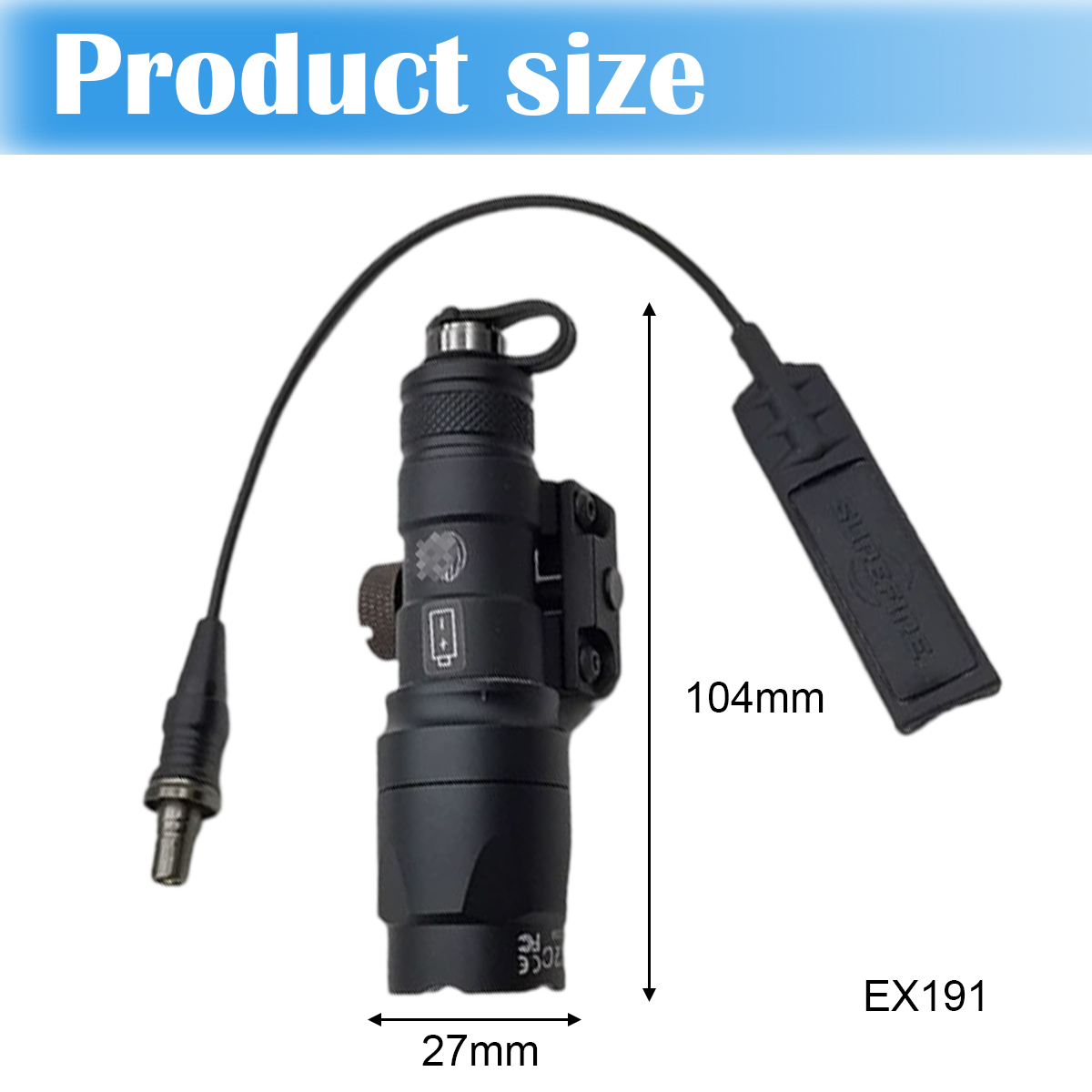 Schwarze Taschenlampe mit Kabel und Schalter, Abmessungen 104 mm x 27 mm. Text auf dem Bild: Produktgröße und EX191.
