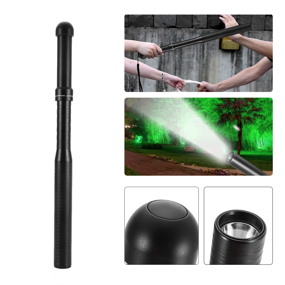 Eine schwarze Taschenlampe wird zusammen mit Bildern der in Gebrauch befindlichen Taschenlampe gezeigt. Ein Bild zeigt den Lichtstrahl auf einen grünen Bambuswald projiziert.