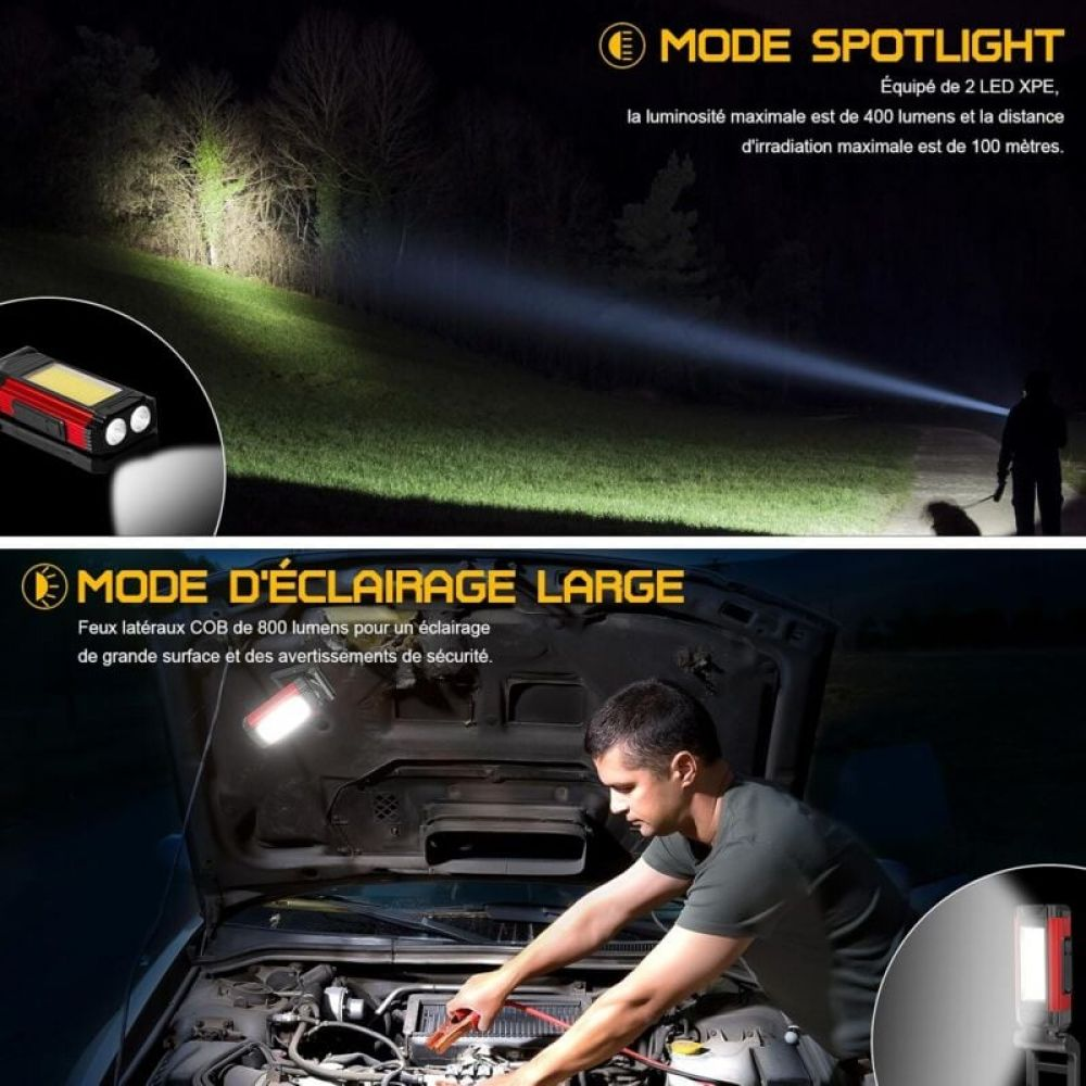 Das Bild zeigt Scheinwerfer- und Weitlichtmodi. Eine Person benutzt ein Licht, um an einem Auto zu arbeiten. Text beschreibt die Lichtspezifikationen.