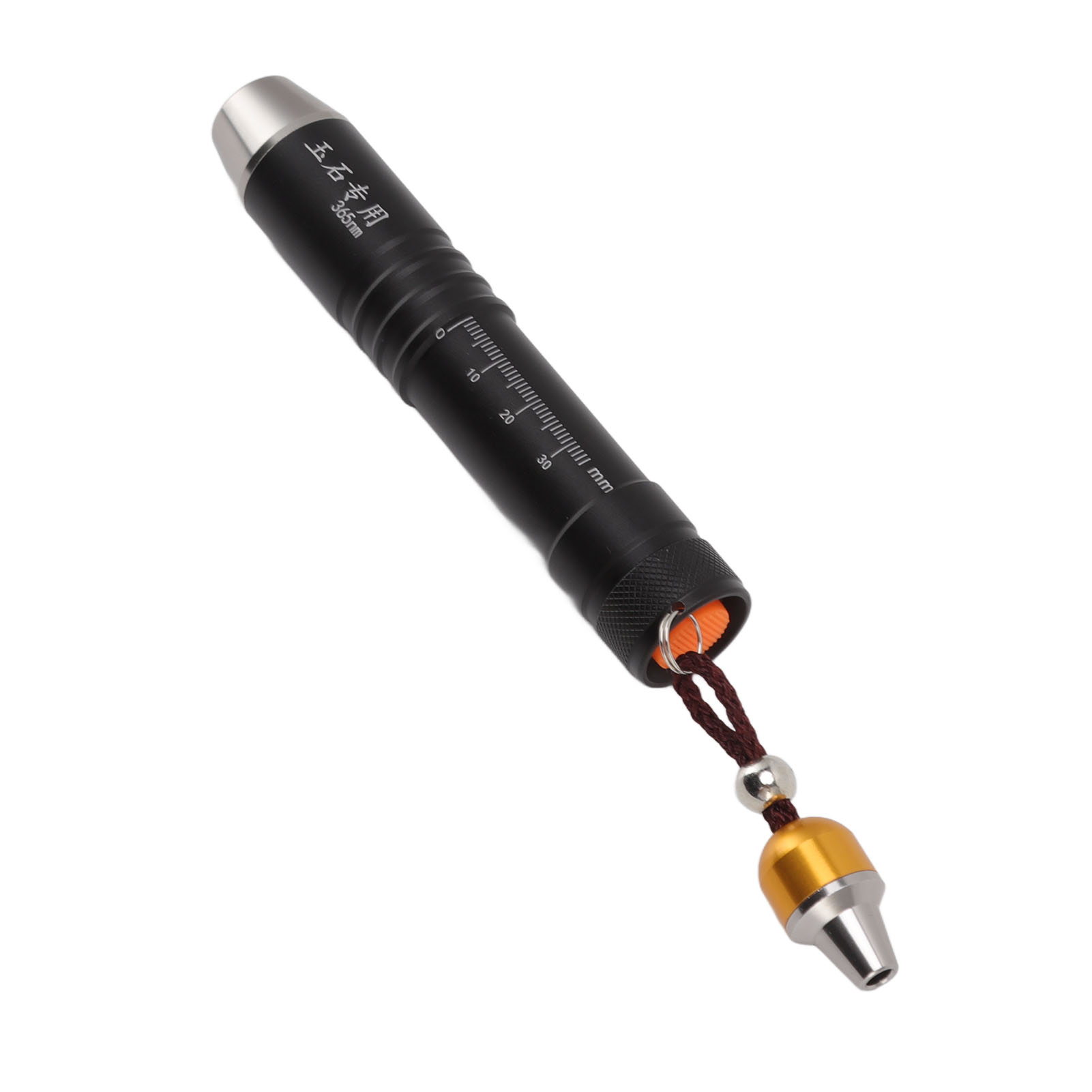 Schwarze Taschenlampe mit silbernen und goldenen Akzenten. Sie hat ein Schlüsselband und chinesischen Text. Der Hintergrund ist weiß.