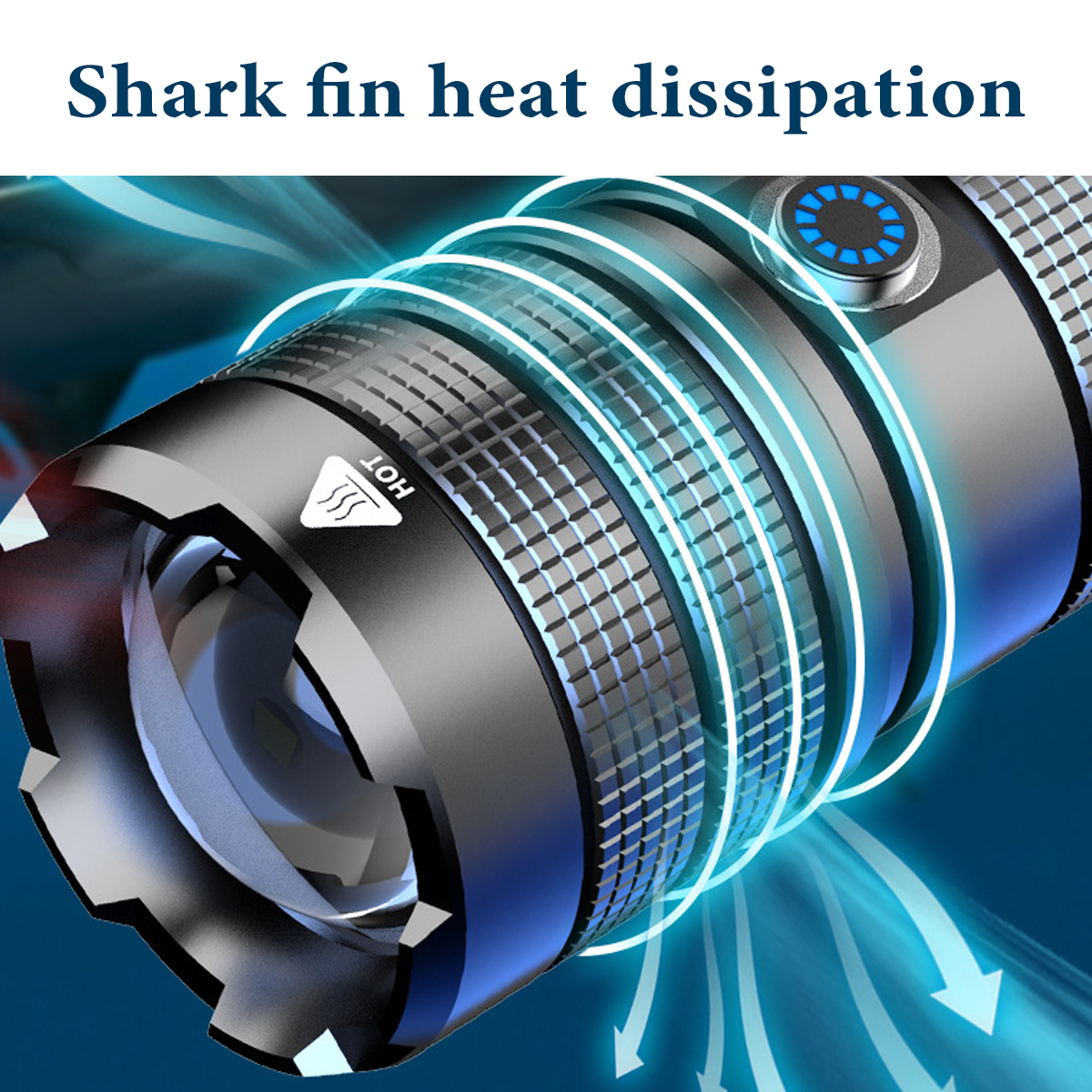 Nahaufnahme einer schwarzen und silbernen Taschenlampe mit blauen Akzenten und weißen Pfeilen, die den Luftstrom darstellen, mit dem Text 'Shark fin heat dissipation'.