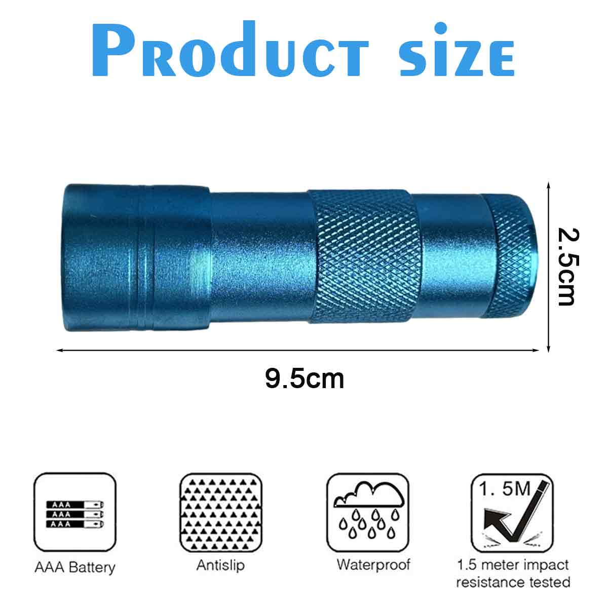 Blaue Taschenlampe mit Größenangaben: 9,5 cm lang, 2,5 cm Durchmesser. Merkmale sind AAA-Batterie, rutschfest, wasserdicht und stoßfest.