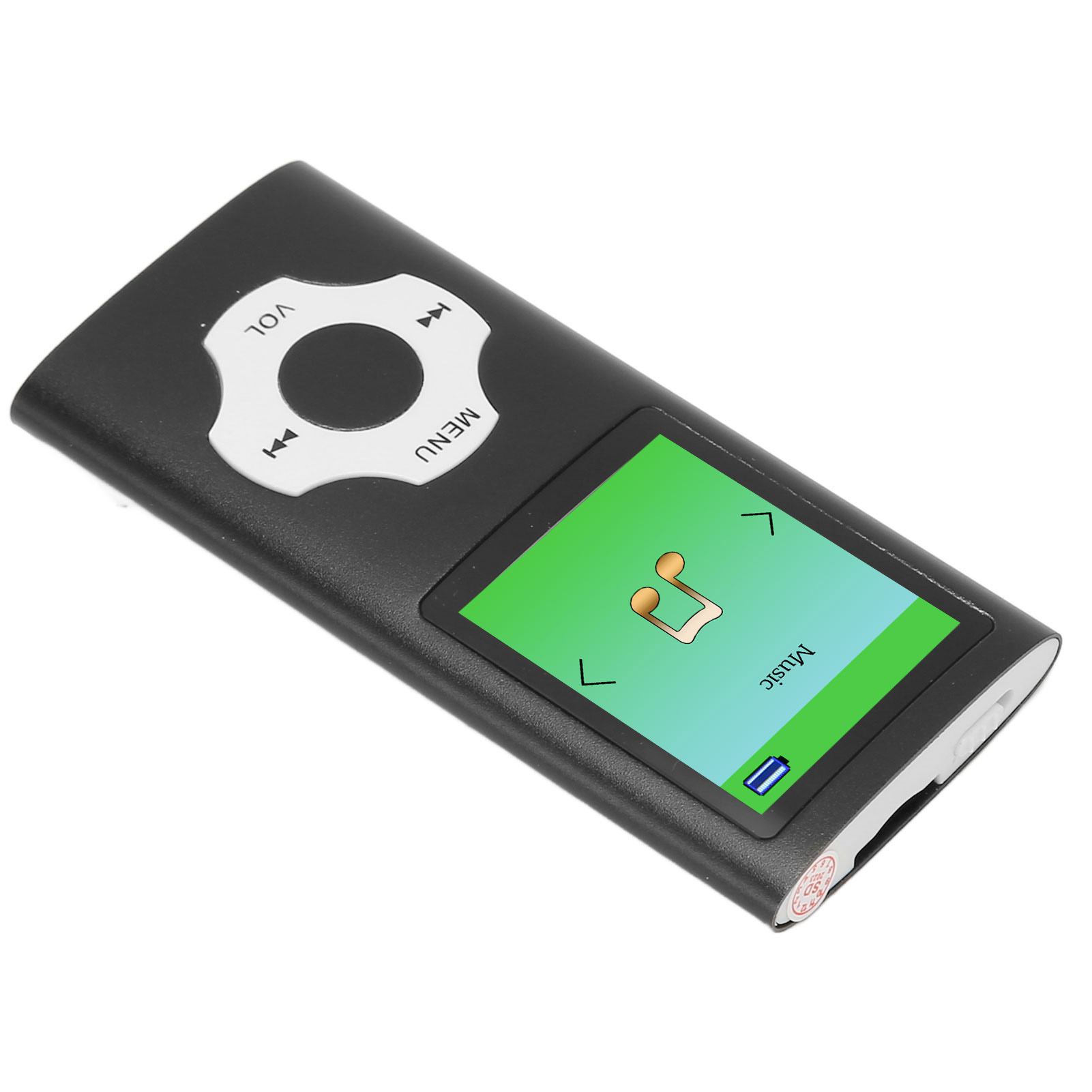 Un lettore MP3 nero mostra un'interfaccia musicale sul suo schermo, con pulsanti di controllo e un'icona di nota musicale.