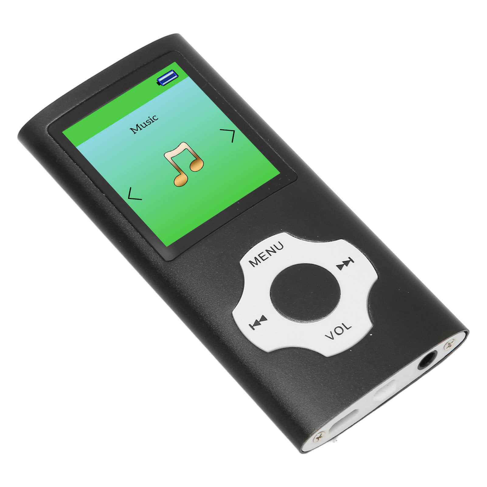 Un lettore MP3 nero con uno schermo che mostra una nota musicale. Ha un pannello di controllo bianco con pulsanti menu e volume.