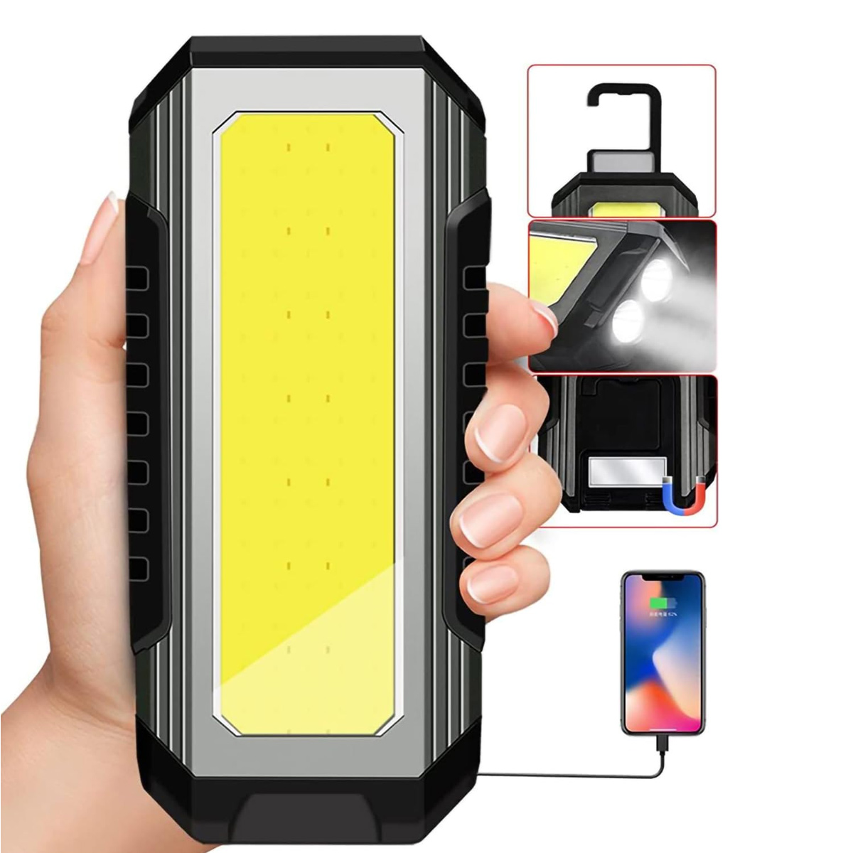 Eine Hand hält eine schwarz-silberne LED-Arbeitsleuchte mit mehreren Funktionen, darunter ein Haken, Scheinwerfer und Telefonladung.