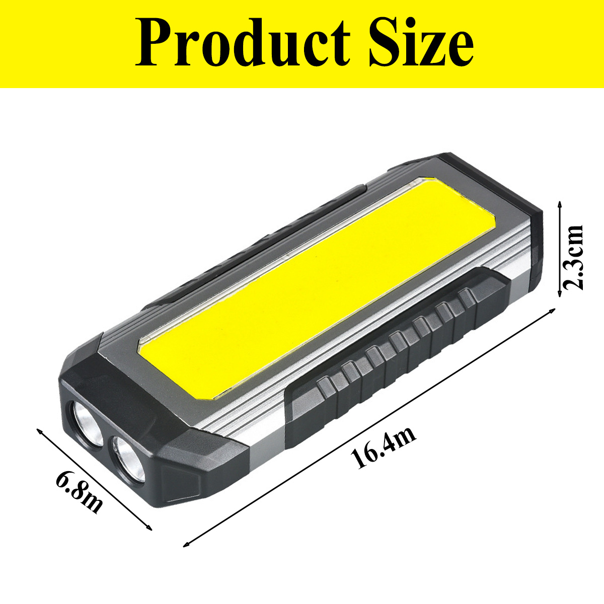 Eine Taschenlampe mit angegebenen Abmessungen: 16,4 m lang, 6,8 m breit und 2,3 cm hoch, mit gelbem Lichtpaneel und zwei Frontlichtern.