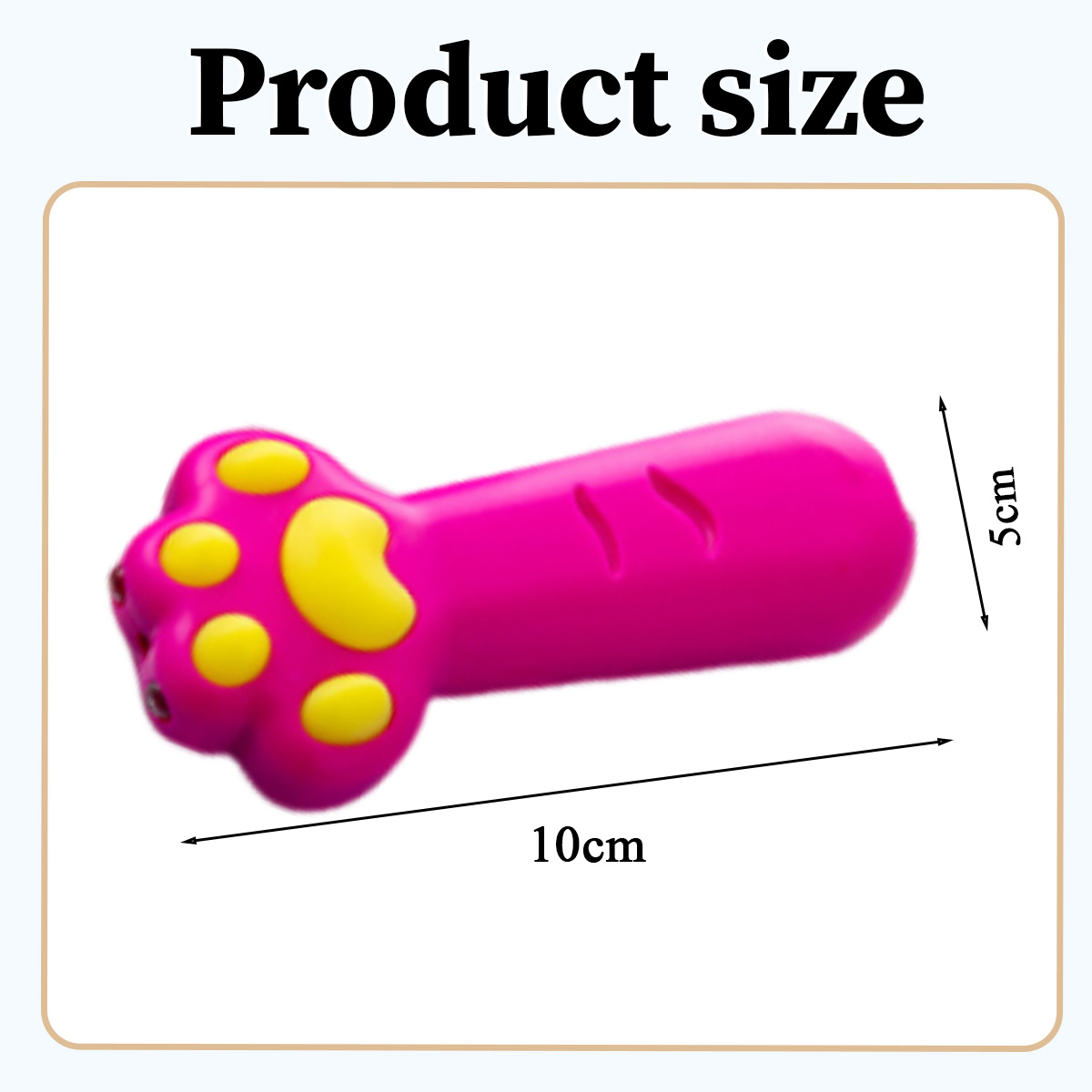 Ein pinkfarbenes Produkt in Form einer Pfote mit gelben Kreisen, die Abmessungen betragen 10 cm Länge und 5 cm Breite.