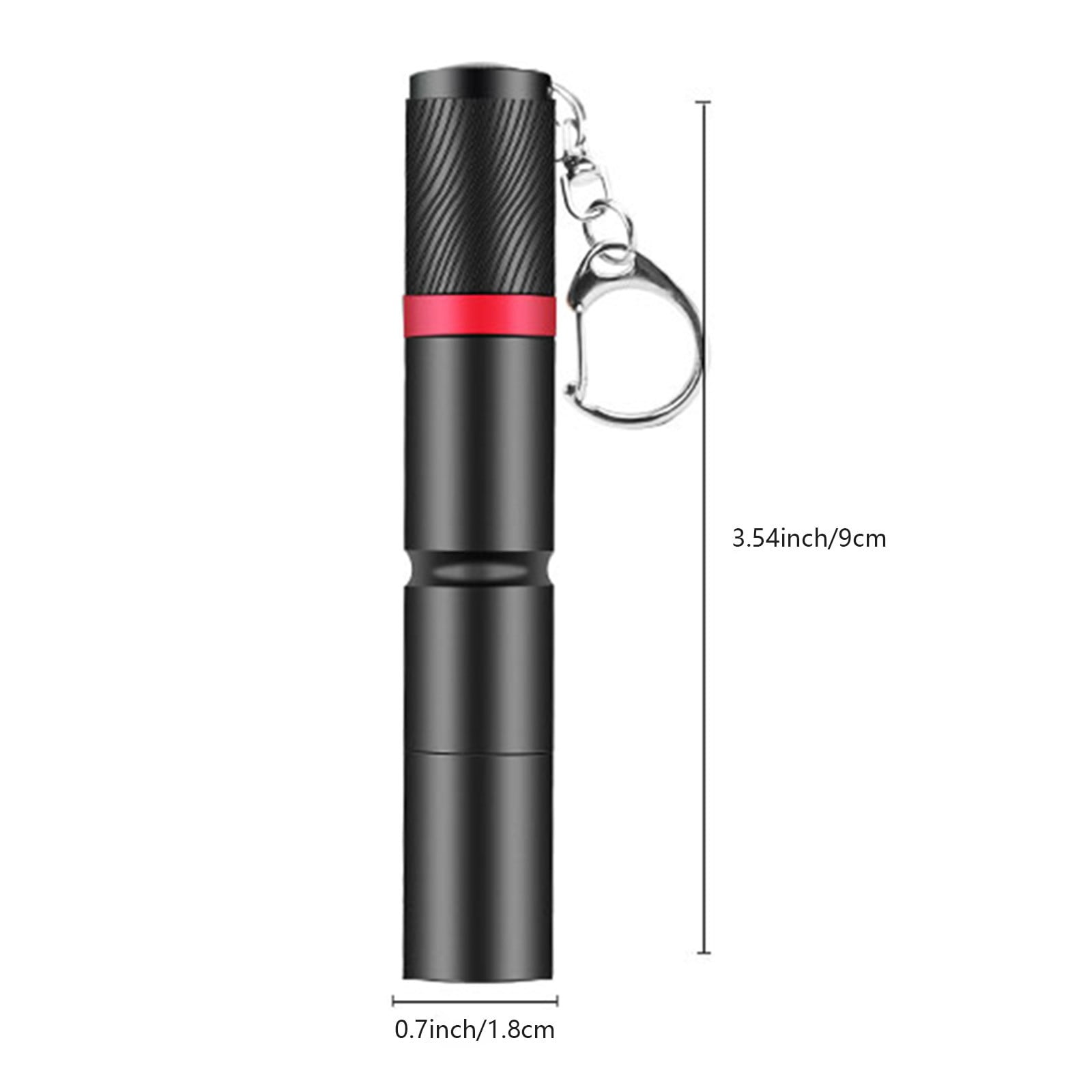 Schwarze Taschenlampe mit rotem Streifen und silbernem Schlüsselanhänger. Sie ist 3,54 Zoll lang und 0,7 Zoll breit.
