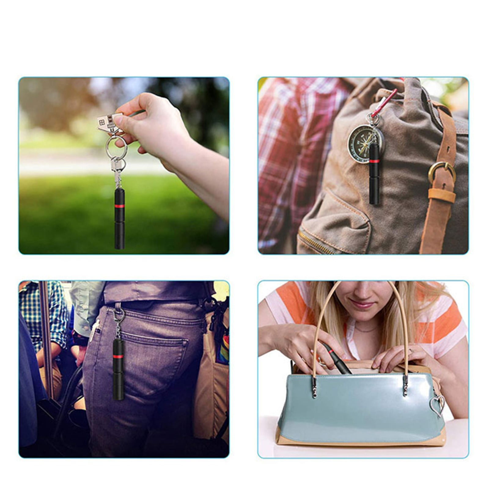 Vier Bilder zeigen einen schwarzen Stift mit rotem Band, befestigt an Schlüsselanhänger, Rucksack, Gürtelschlaufe und Handtasche.