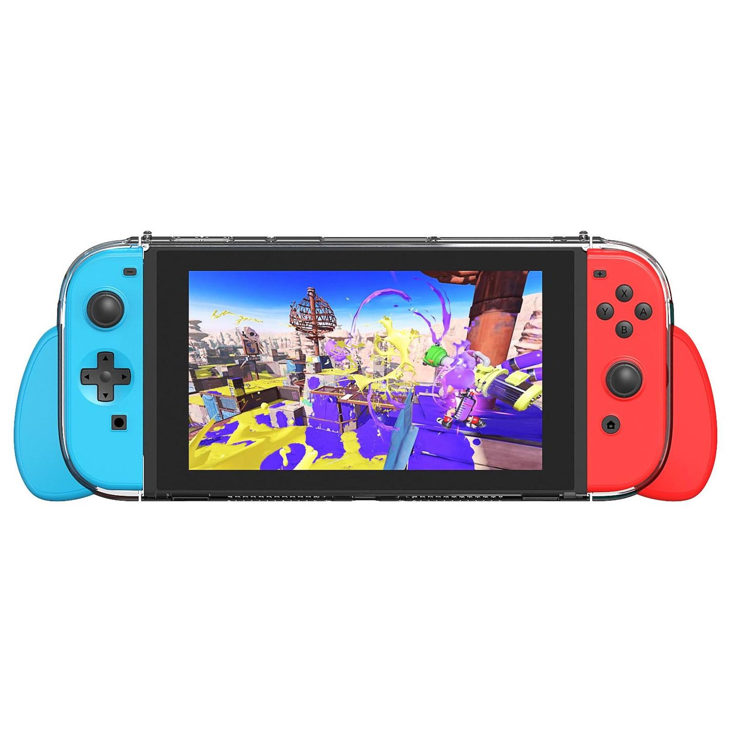 Una consola Nintendo Switch. La pantalla muestra una escena de juego colorida. El mando izquierdo es azul y el derecho rojo.
