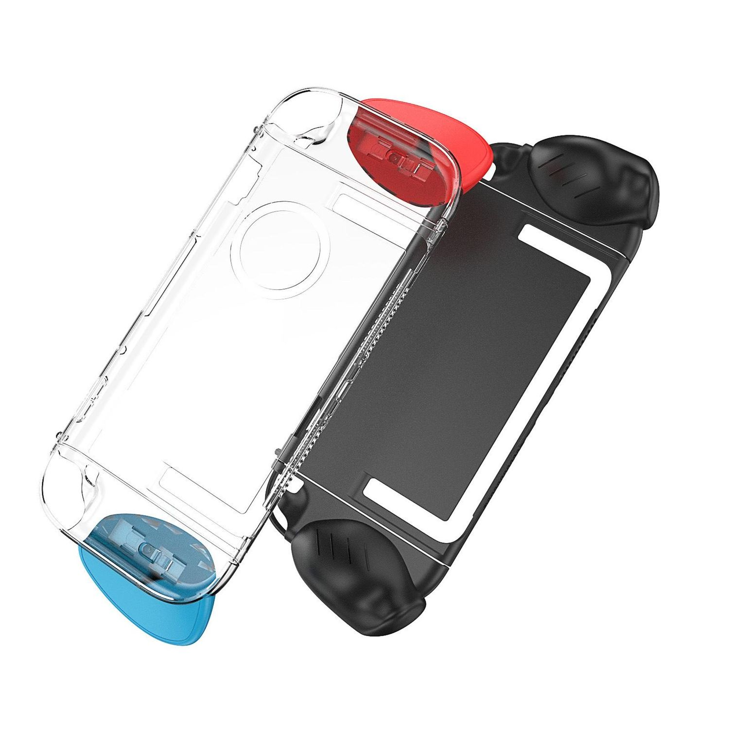 Dos carcasas de mando de juegos. Una transparente con detalles rojos y azules, la otra negra.