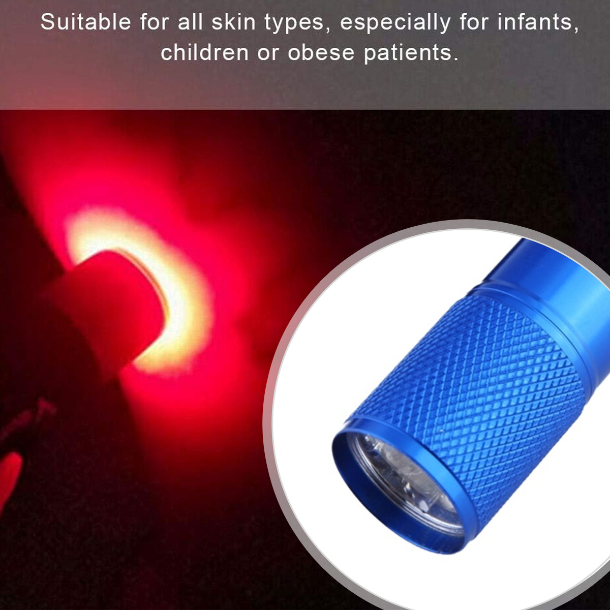 Das Bild zeigt eine blaue Taschenlampe mit Rautenmuster. Der Hintergrund hat rotes Licht und Text oben.