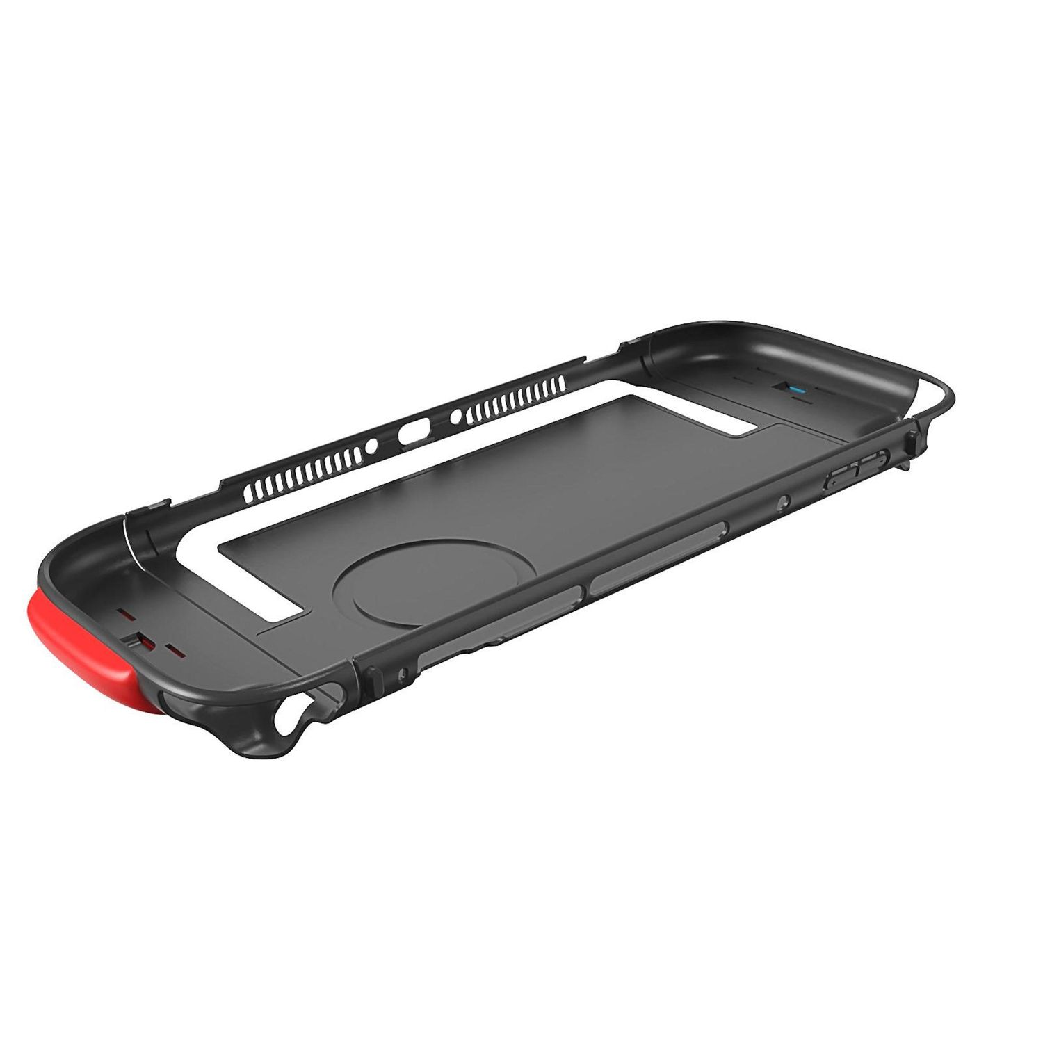 Una funda protectora negra y roja. Tiene forma rectangular con un hueco para pantalla y botones, con un asa roja.