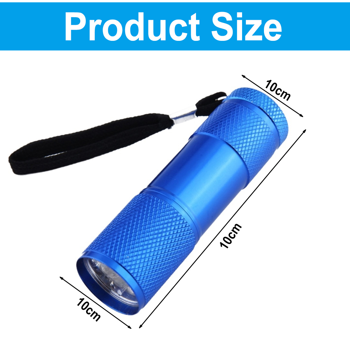 Eine blaue Taschenlampe mit schwarzem Riemen, Produktgrößenangaben werden angezeigt. Abmessungen sind 10 cm pro Seite.