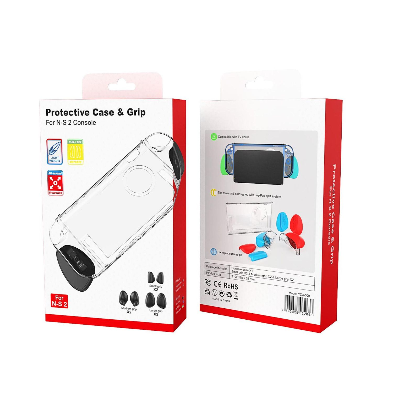 Caja de producto para una funda protectora y agarre para una consola N-S 2, funda transparente con agarre negro, en una caja roja y blanca.