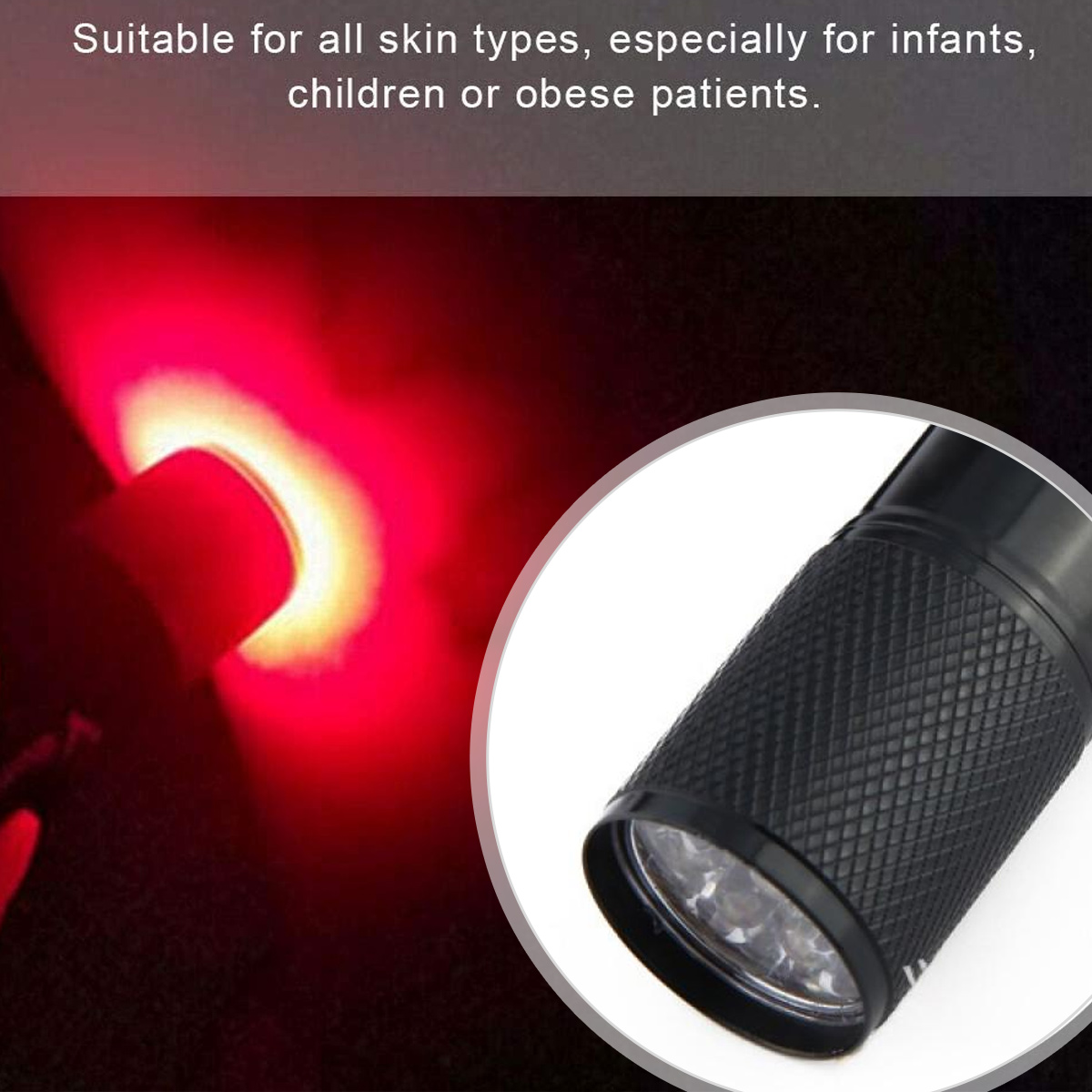 Ein Gerät, das rotes Licht aussendet, umkreist von einem weißen Rahmen. Rechts ist eine schwarze Taschenlampe. Der Hintergrund ist dunkelrot.