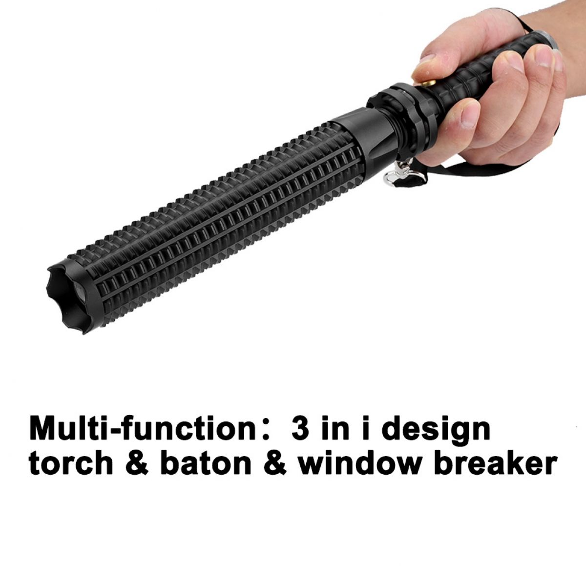 Eine schwarze Multifunktions-Schlagstock-Taschenlampe, die von einer Hand gehalten wird. Sie hat einen strukturierten Griff und ist als Taschenlampe, Schlagstock und Fensterbrecher gekennzeichnet.