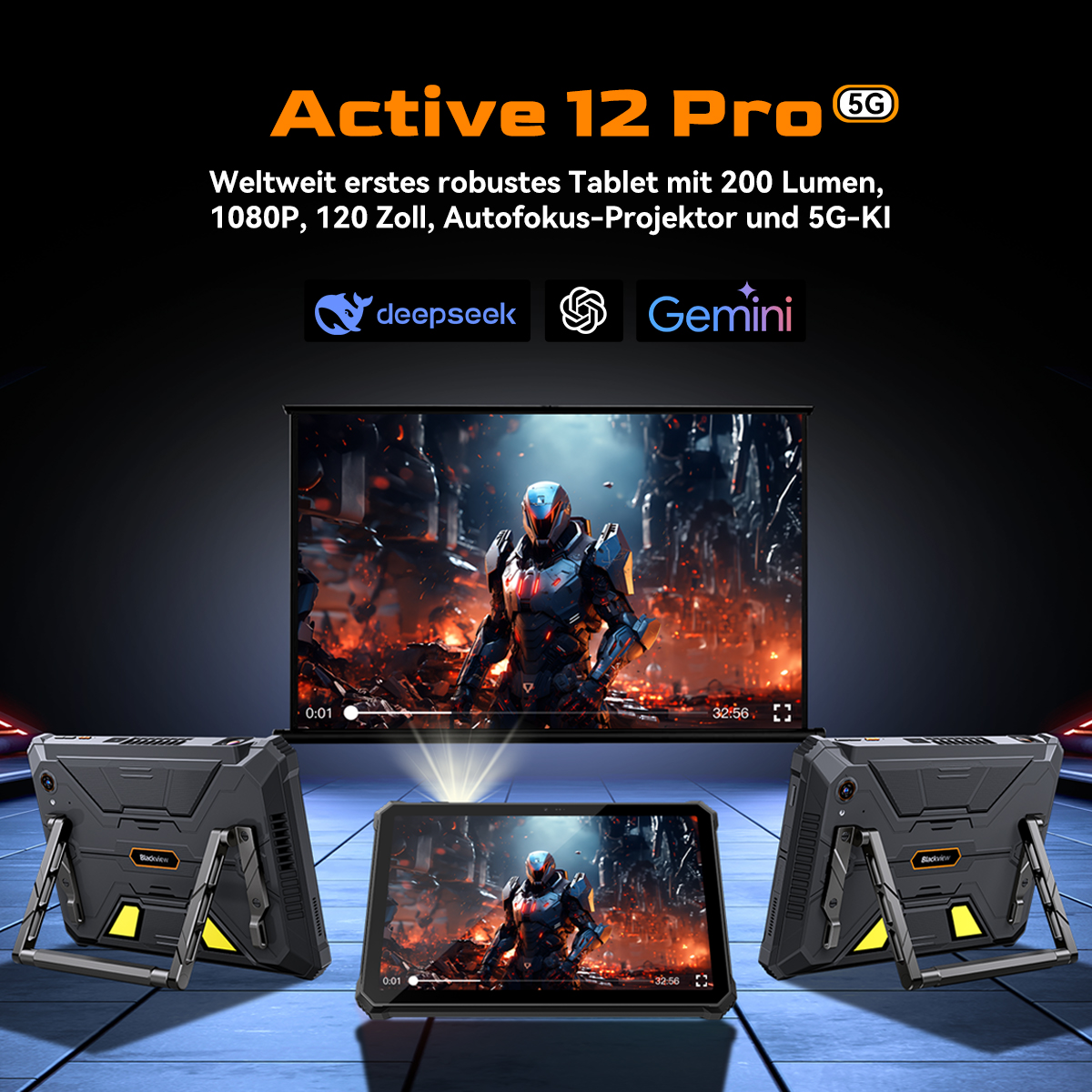 Werbung für das Active 12 Pro Tablet, das ein Video auf einem Bildschirm und zwei Tablets mit Ständern zeigt. Der Hintergrund ist dunkel.