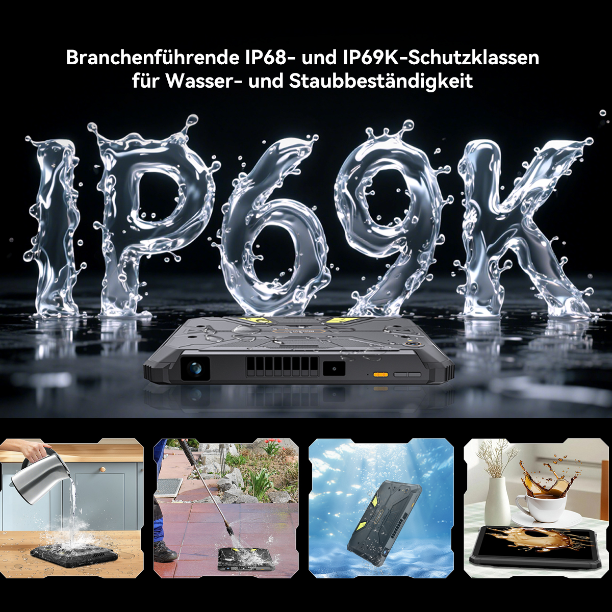 Ein robustes Smartphone mit IP68/IP69K Schutz. Wassertropfen bilden die Zahlen IP69K. Demonstrationen der Wasserbeständigkeit in kleinen Einsätzen.
