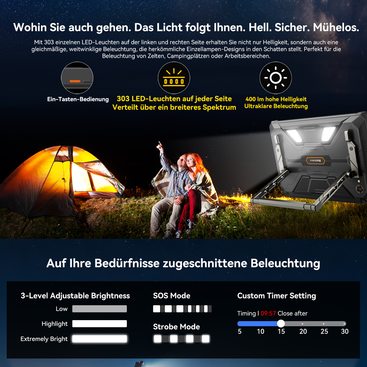 Ein Paar betrachtet Sterne in der Nähe eines beleuchteten Zeltes. Auf der rechten Seite befindet sich ein Lichtpanel.
