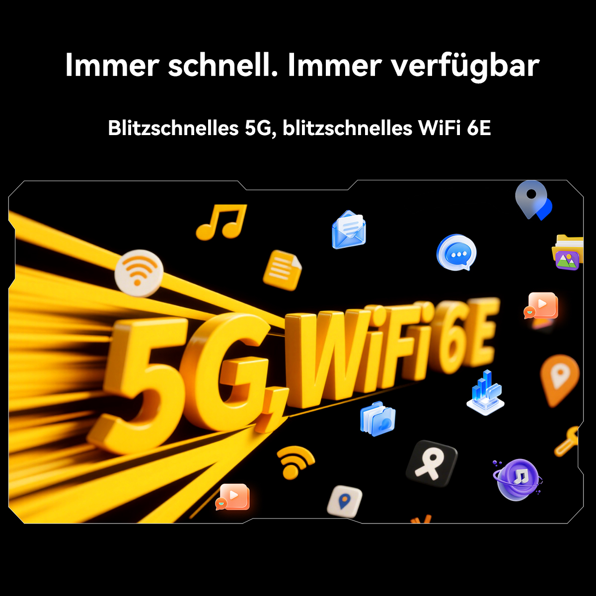 Das Bild zeigt '5G WiFi 6E' mit verschiedenen Symbolen auf schwarzem Hintergrund. Oben steht 'Immer schnell. Immer verfügbar'.