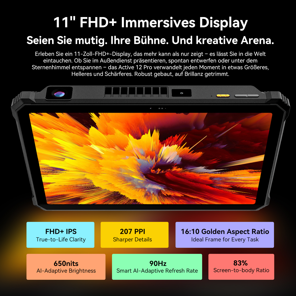 Ein Tablet mit 11" FHD+ Display. Text hebt Funktionen wie Klarheit, Schärfe und Bildwiederholfrequenz hervor.