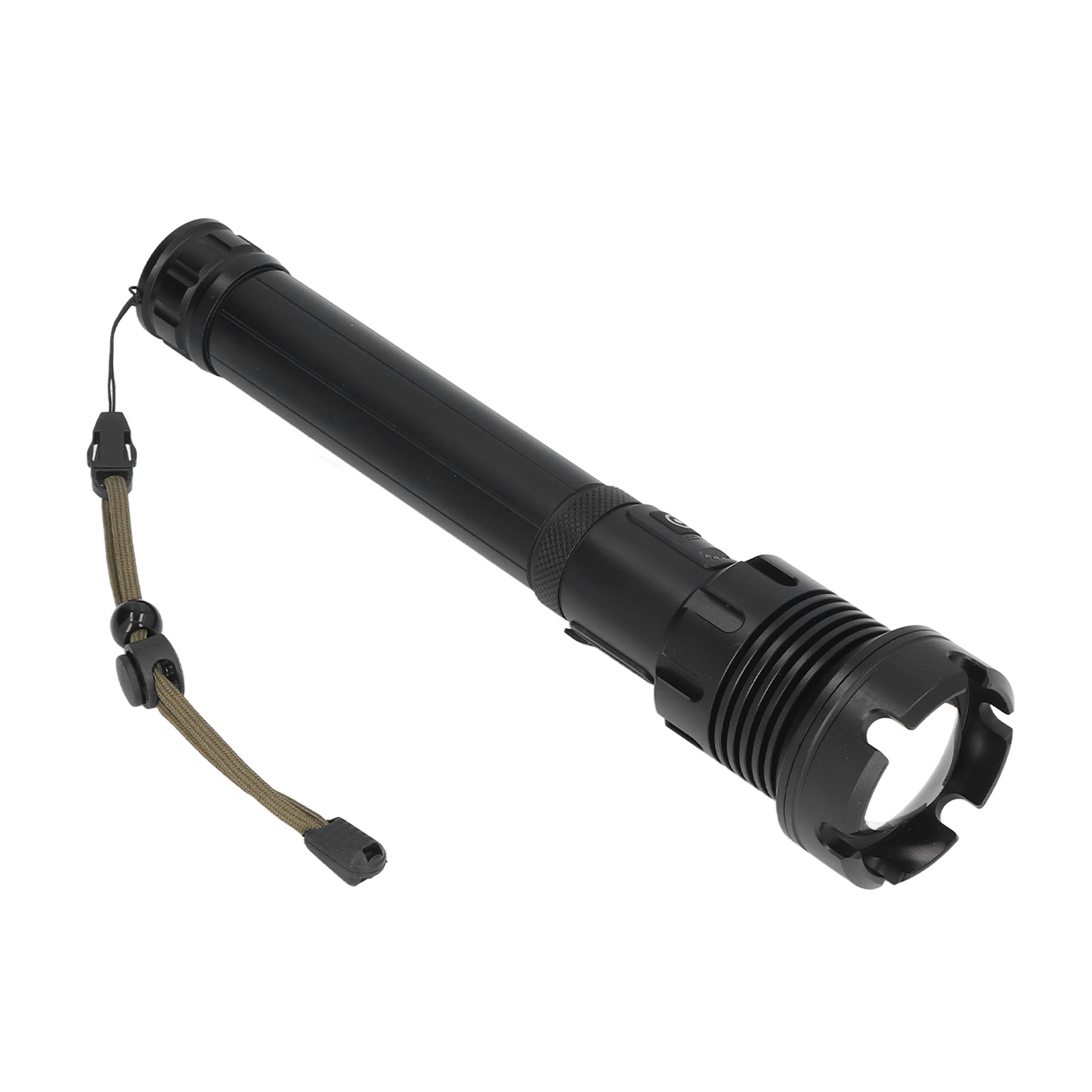 Schwarze Taschenlampe mit grünem Riemen. Sie hat einen strukturierten Griff und ein helles Lichtende.