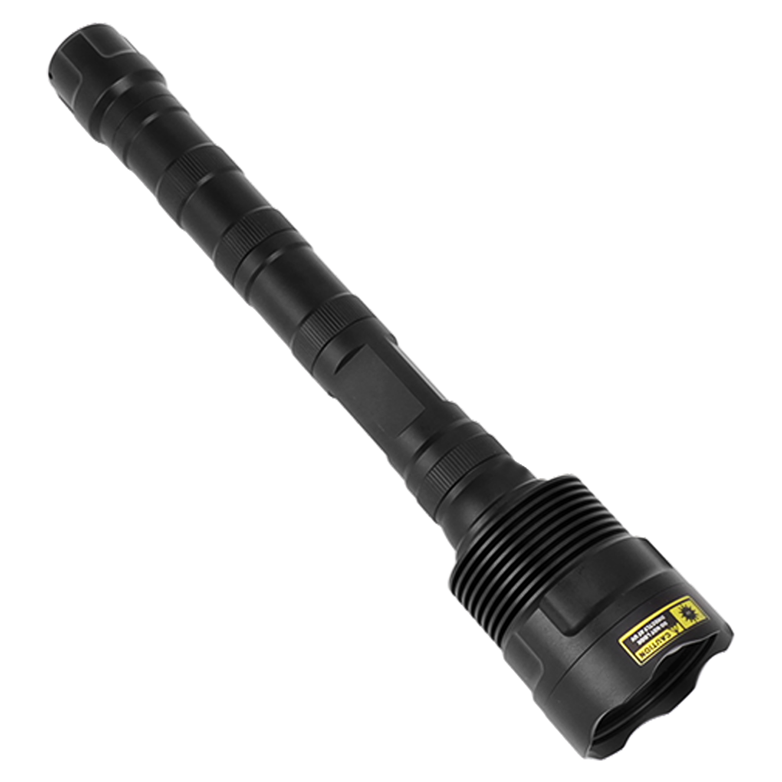 Schwarze Taschenlampe auf weißem Hintergrund. Sie hat einen strukturierten Griff und einen breiten Kopf mit einem Warnhinweis.