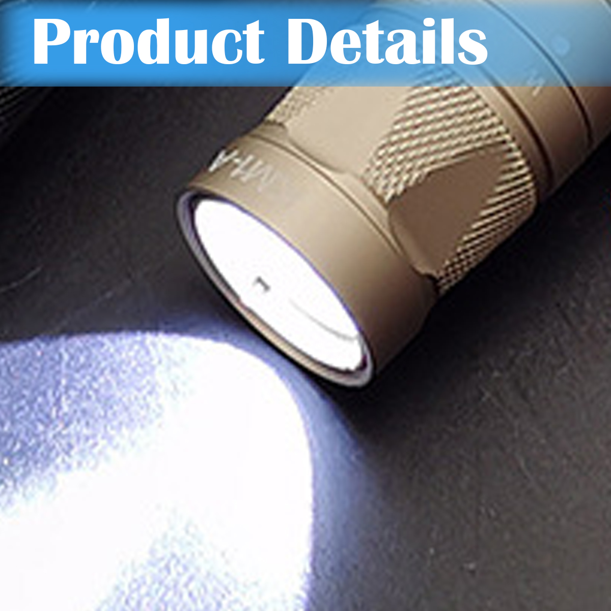 Nahaufnahme einer beigefarbenen Taschenlampe, die ein helles, weißes Licht auf eine dunkle Oberfläche wirft. "Produktdetails" steht oben.