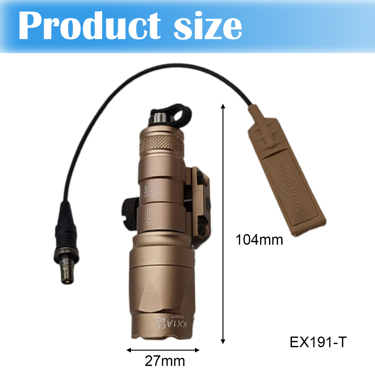 Tan-Taschenlampe mit schwarzem Kabel, 27 mm breit, 104 mm lang. Auf der Seite steht KX1A CE. Produktgröße oben.