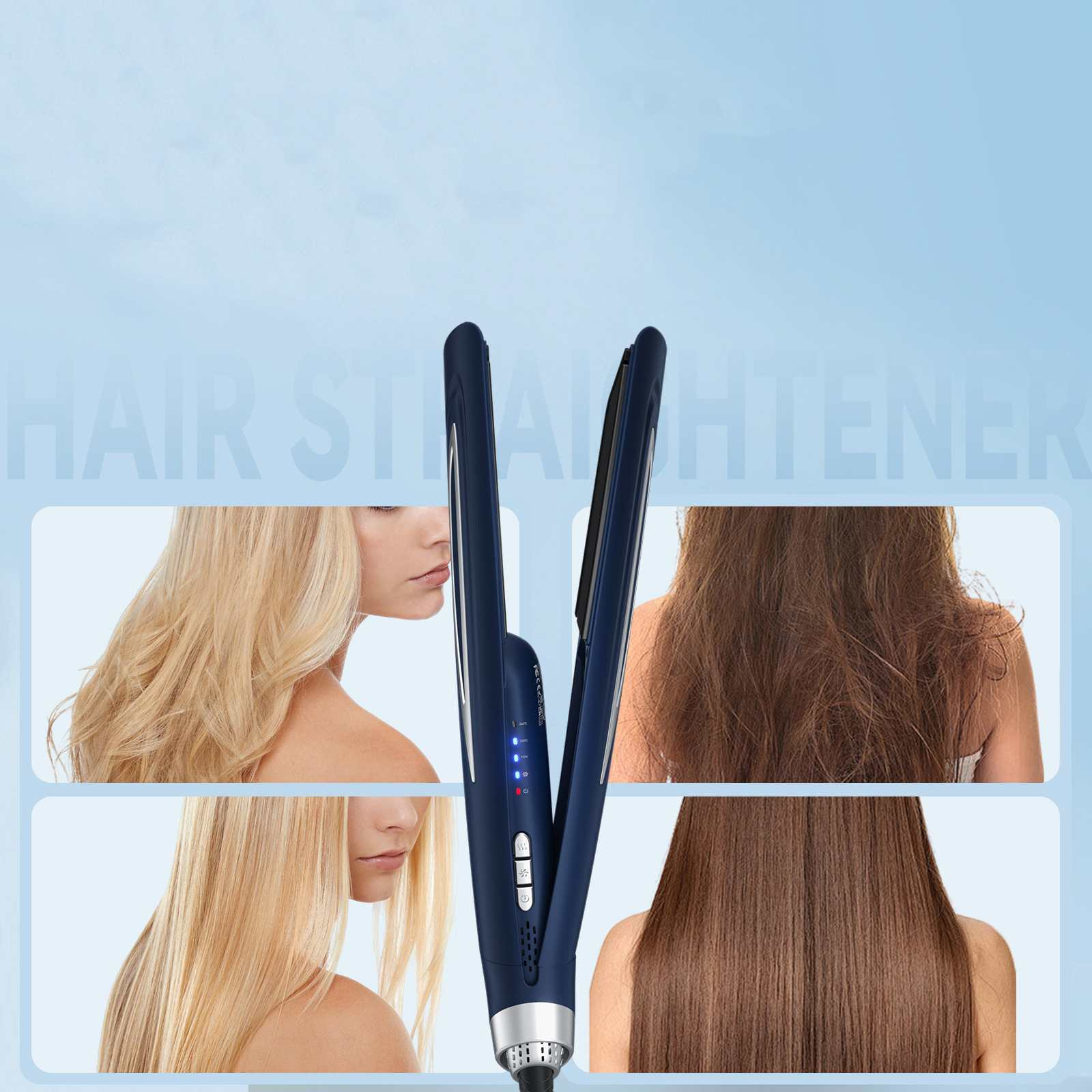 Haarglätter mit Bildern von Frauenhaaren. Ein dunkelblauer Glätter befindet sich in der Mitte, mit blauem Hintergrund.