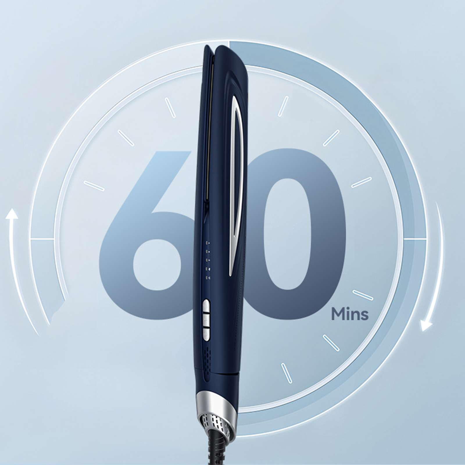 Ein blauer Haarglätter mit einer 60-Minuten-Timer-Grafik. Enthält ein Netzkabel und silberne Akzente.