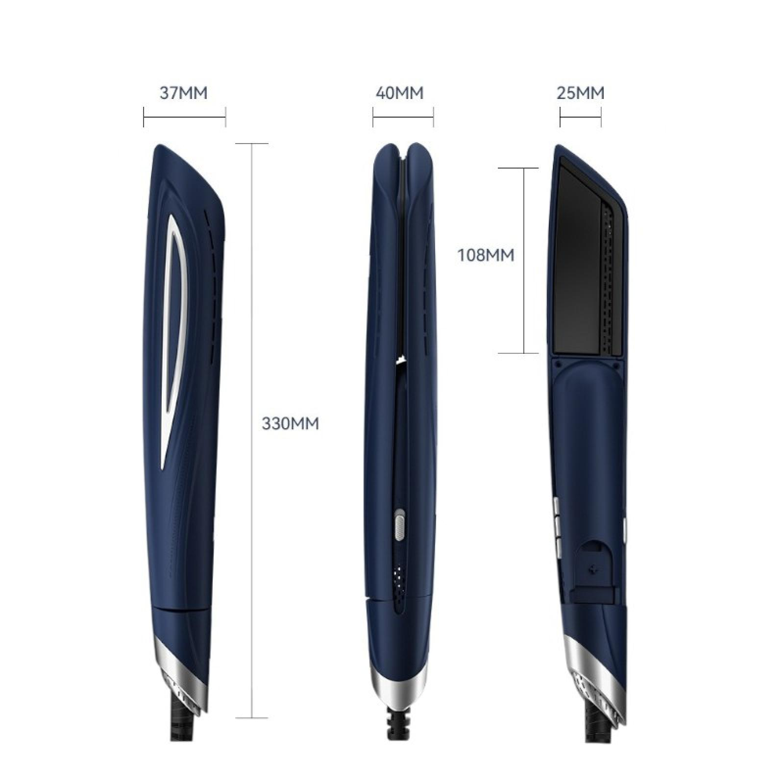 Drei Ansichten eines dunkelblauen Haarglätters mit Maßangaben. Abmessungen: 330 mm, 108 mm und 37 mm, 40 mm, 25 mm.