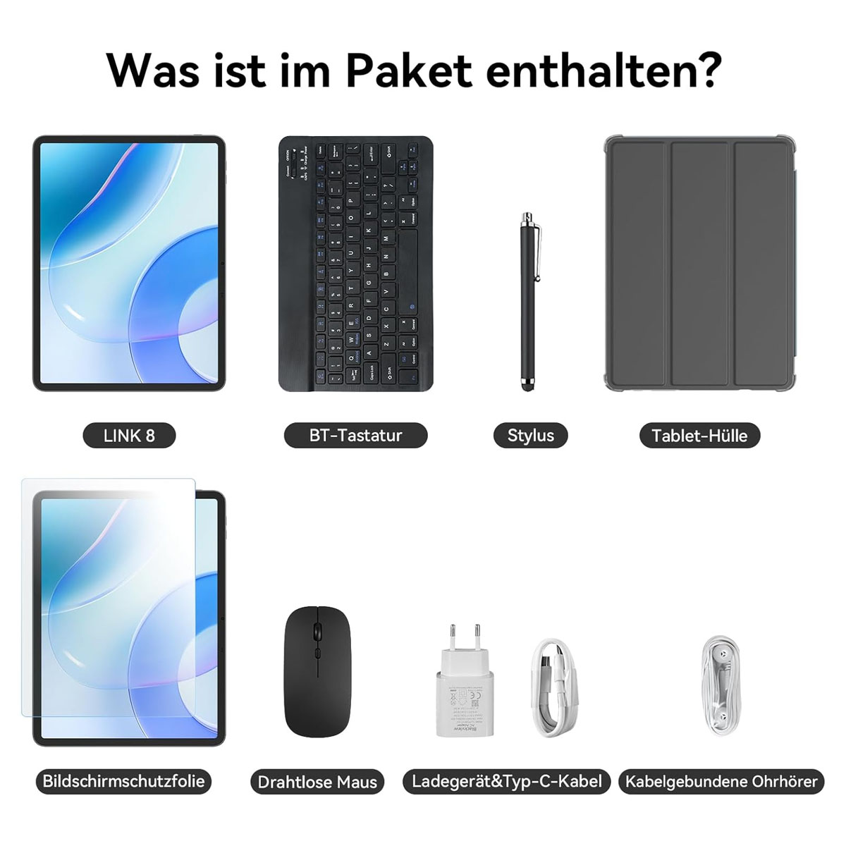 Das Bild zeigt Tablet, Tastatur, Stift, Hülle, Displayschutzfolie, Maus, Ladegerät, Kabel und Kopfhörer. Text: Was ist im Paket enthalten?