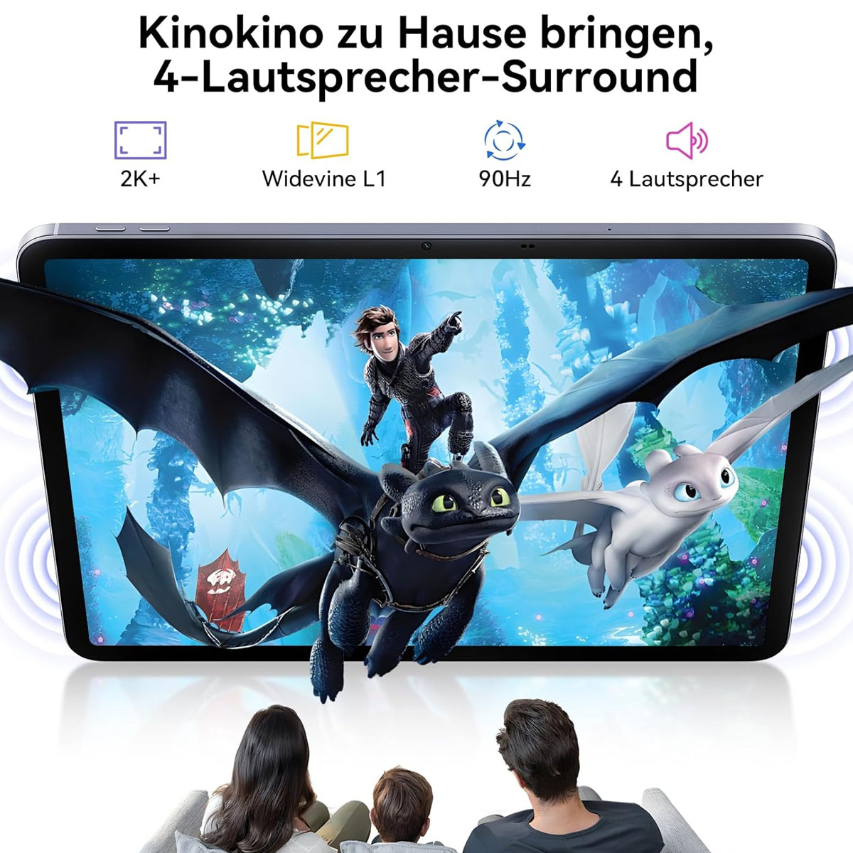 Tablet zeigt eine Filmszene mit Drachen, ein Junge und ein Mädchen schauen von unten zu. Der Text oben lautet 'Heimkino'.