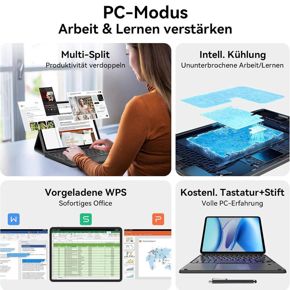 Eine Frau benutzt einen Laptop mit mehreren geöffneten Fenstern. Der Bildschirm zeigt verschiedene Anwendungen. Das Bild wirbt für PC-Funktionen.