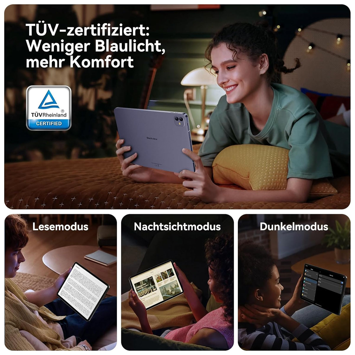 Frau mit Tablet, lächelt. Der Bildschirm zeigt ein Tablet. Darunter Beispiele für Lese-, Nacht- und Dunkelmodus.