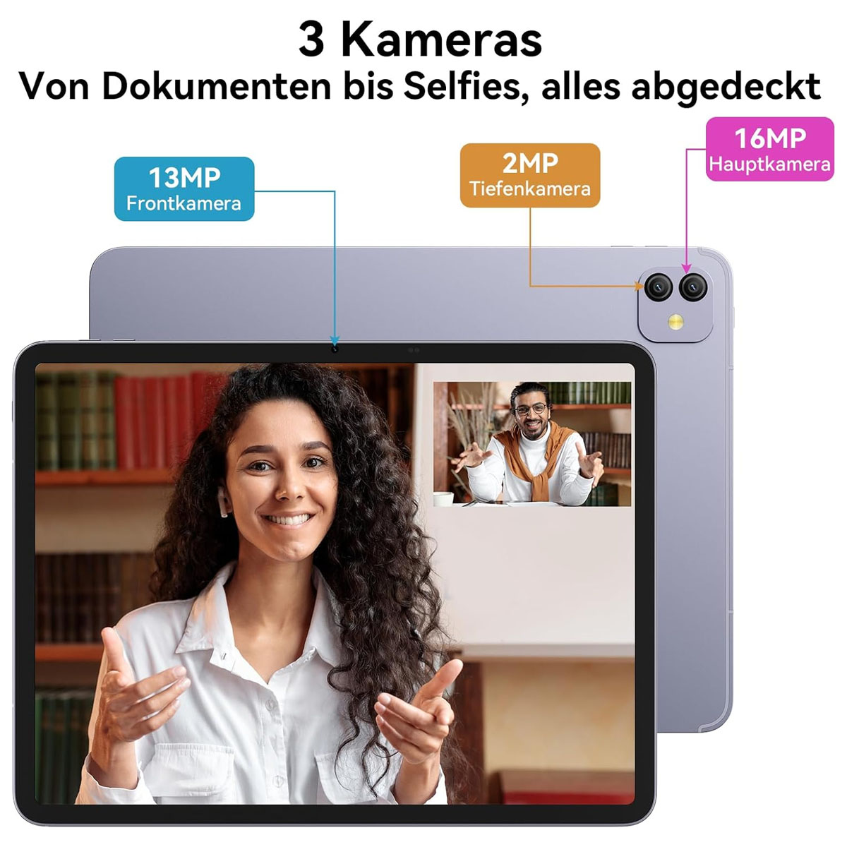 Ein Tablet zeigt eine Frau in einem Videoanruf. Etiketten weisen auf drei Kameras hin: 13MP vorne, 2MP Tiefe und 16MP Hauptkamera.