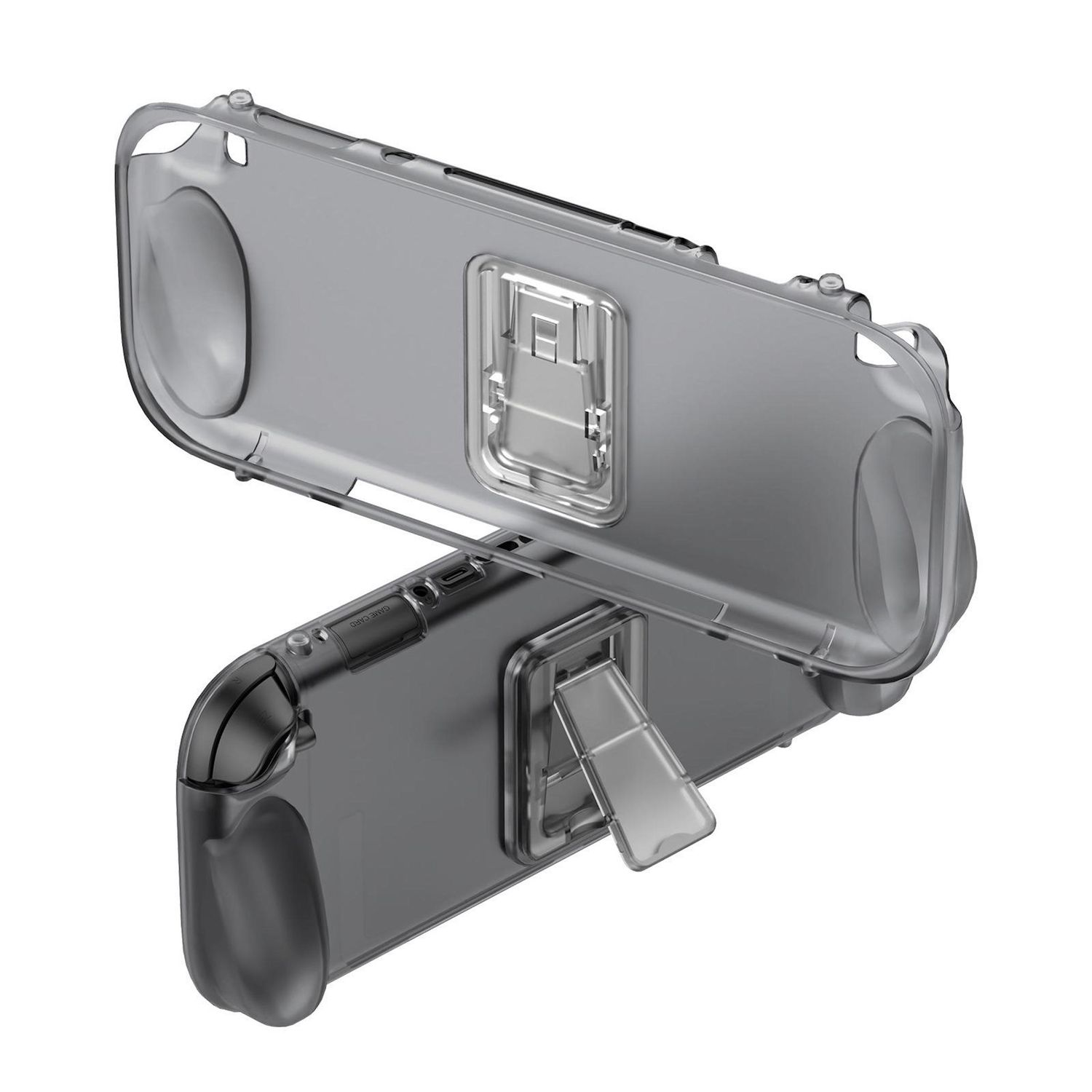 Eine transparente, graue Schutzhülle für eine Handheld-Konsole mit Ständer und Griffen, isoliert auf weißem Hintergrund.