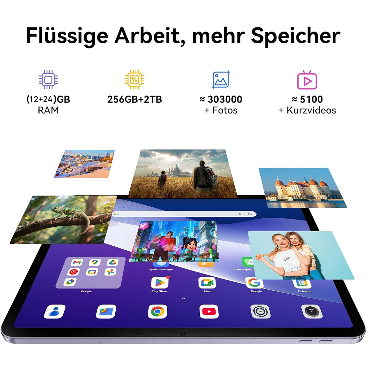 Tablet mit bunten Symbolen, Bildern. Text: Flüssige Arbeit, mehr Speicher, RAM, Speicherkapazität, Foto- und Videomengen.