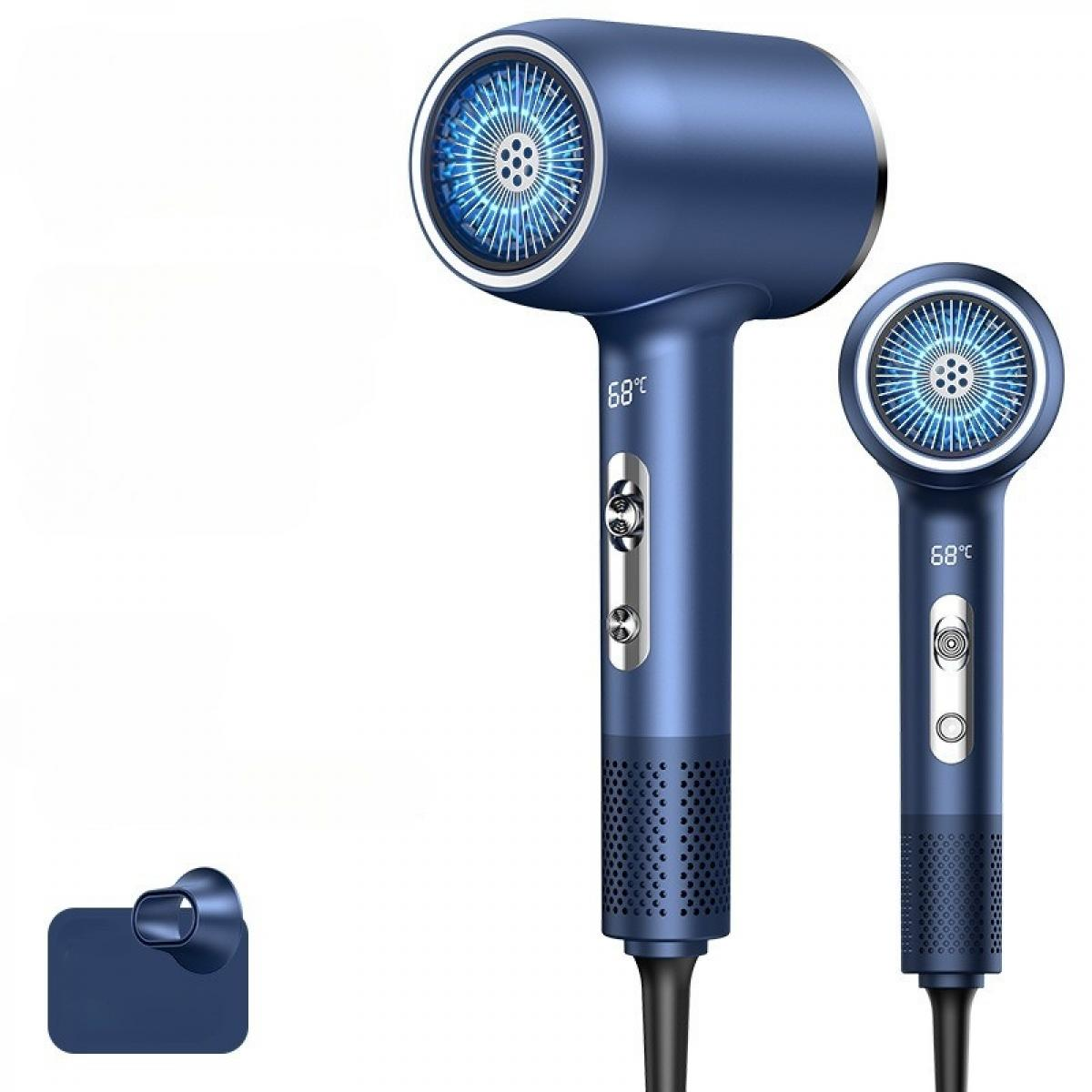 Ein blauer Haartrockner und eine kleinere Version stehen auf Weiß. Jeder hat einen runden Kopf mit Innendetails und einer Digitalanzeige.