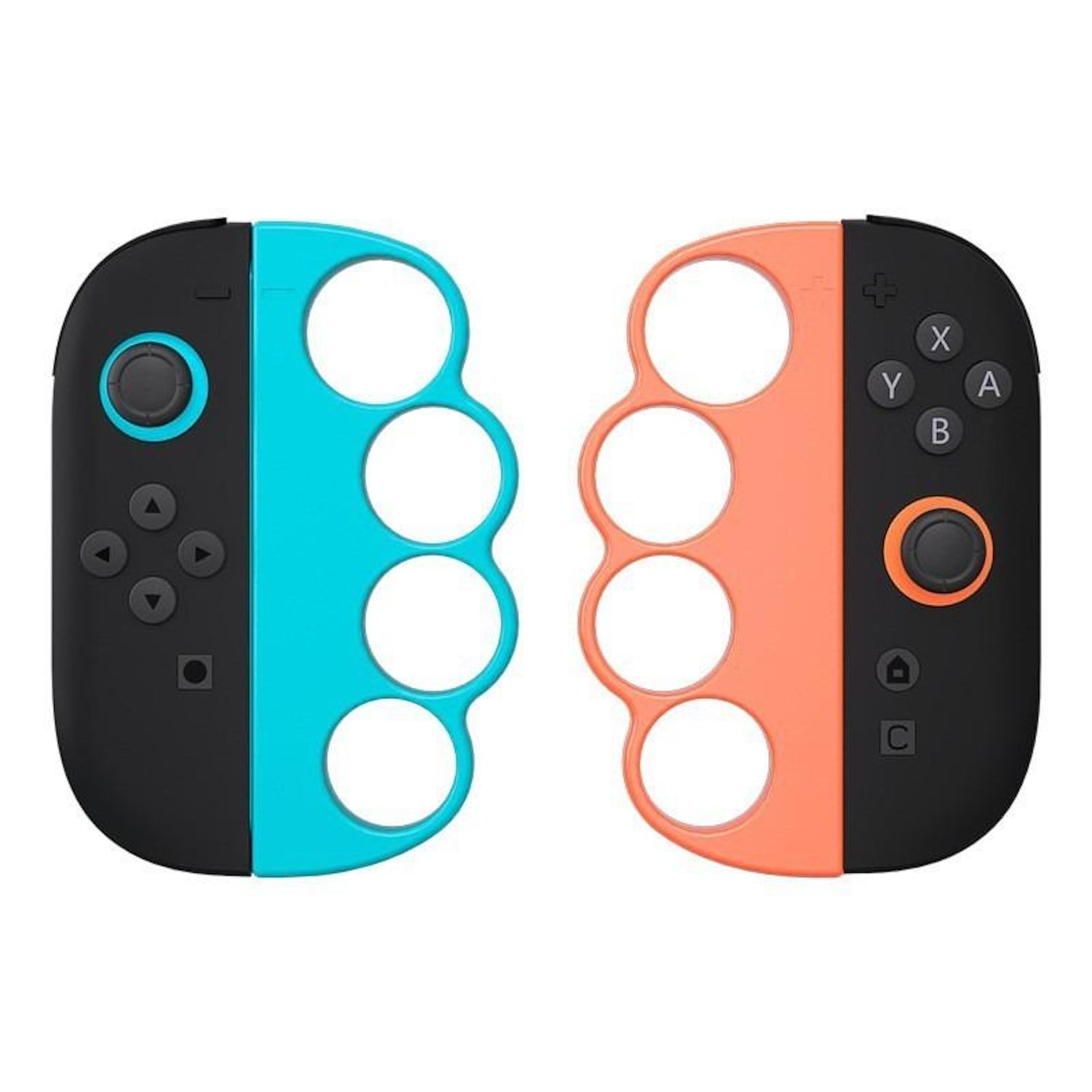 Zwei Gamecontroller, jeweils mit farbigem Griff. Einer ist schwarz und blau, der andere schwarz und orange. Tasten sind sichtbar.