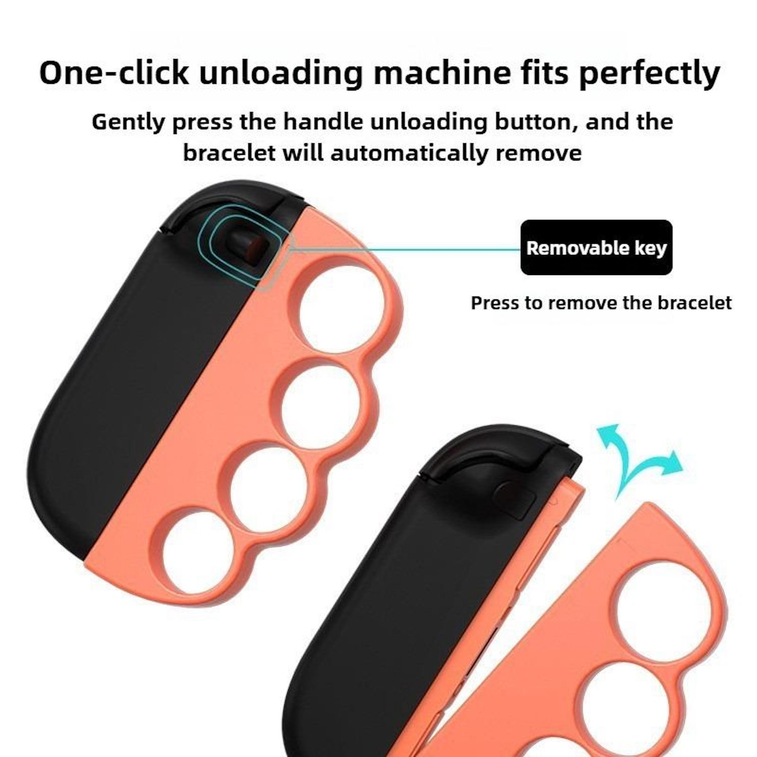 Das Bild zeigt ein Gerät mit einem schwarzen Griff und orangenen Fingerschlaufen. Text beschreibt das Entfernen des Armbands mit einem Schlüssel.