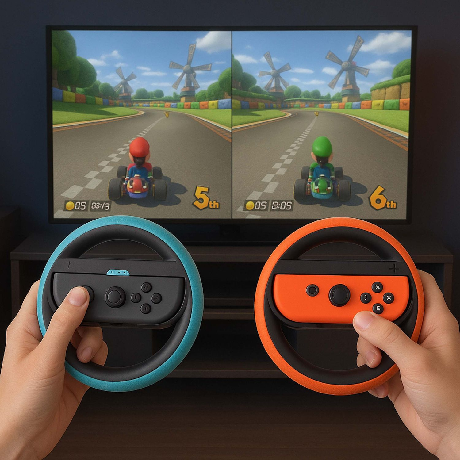 Manos sosteniendo mandos de juego en forma de volantes, jugando un juego de carreras en una pantalla de TV. El juego presenta a Mario y Luigi.