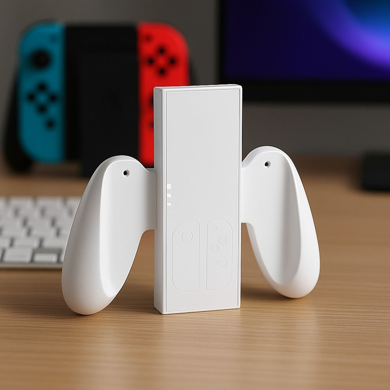 Ein weißer Switch-Controller-Griff mit Zentraleinheit und zwei Flügeln auf einem Holztisch. Im Hintergrund ist ein Switch unscharf dargestellt.