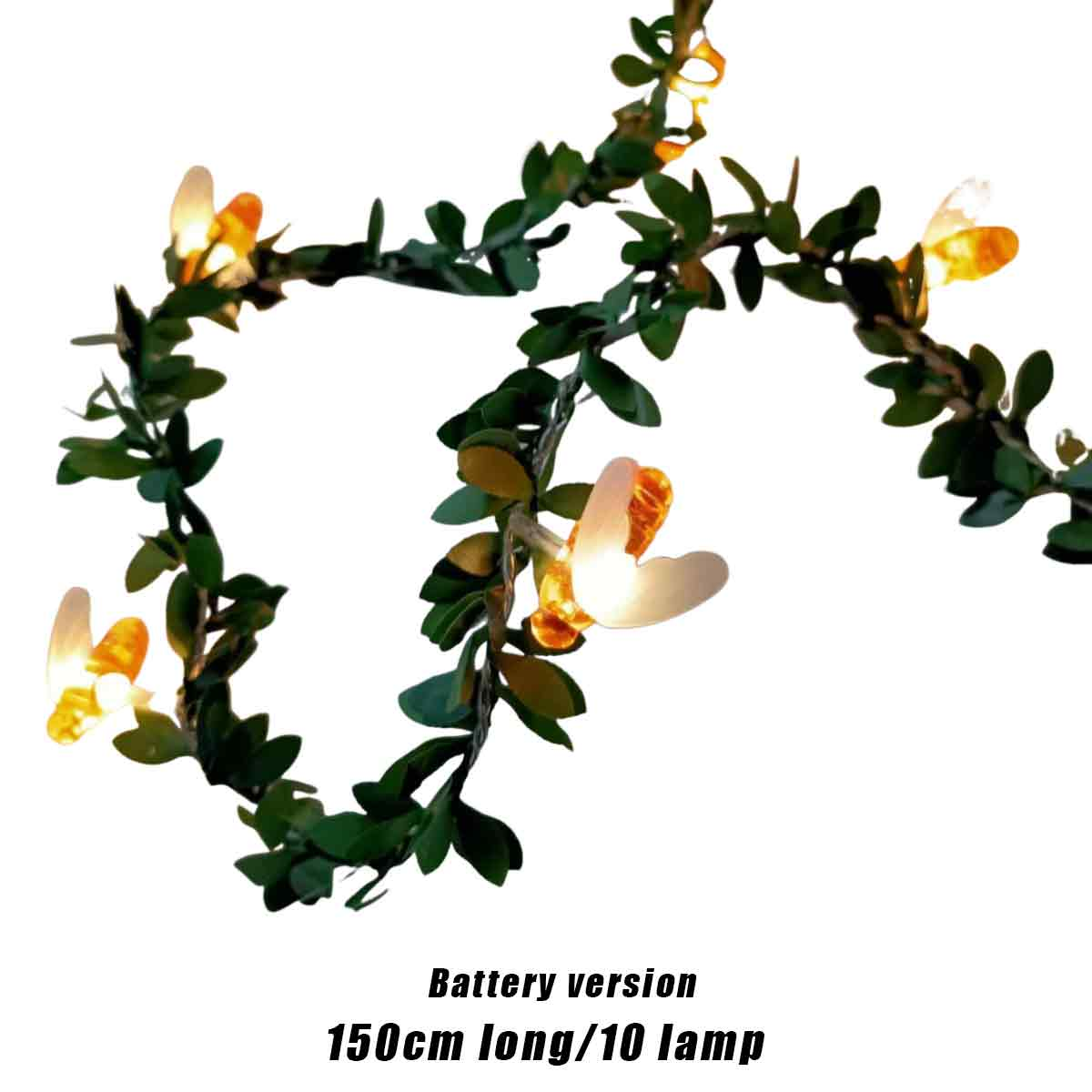 Lichterkette mit grünen Blättern und kleinen, leuchtenden Lichtern auf weißem Hintergrund. Text: 'Batterieversion 150cm lang/10 Lampe'.