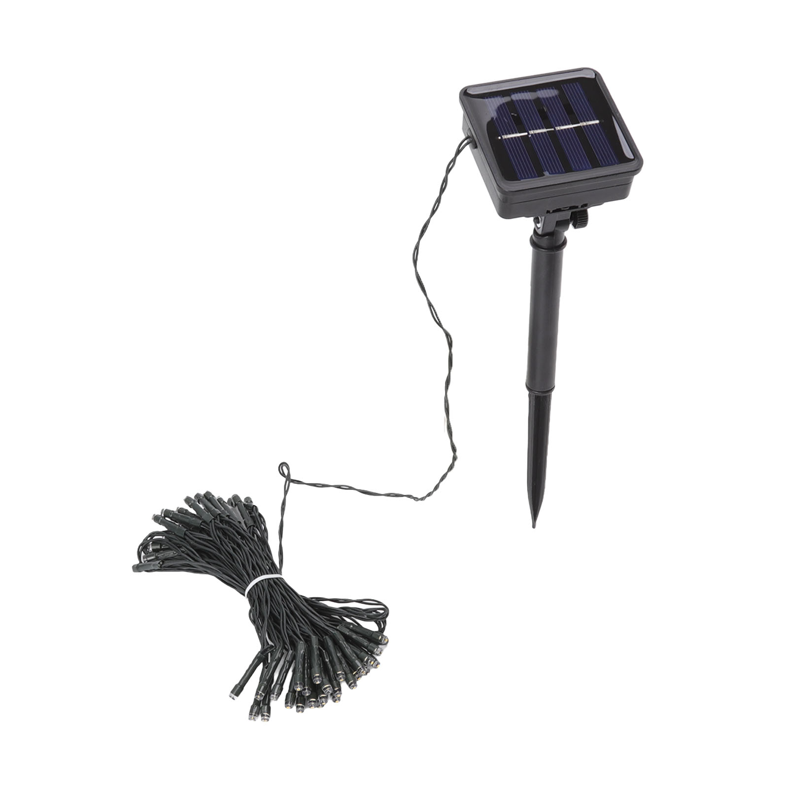 Ein Solarpanel mit Pfahl und Lichterketten. Das Panel ist schwarz, die Lichter gebündelt. Weißer Hintergrund.