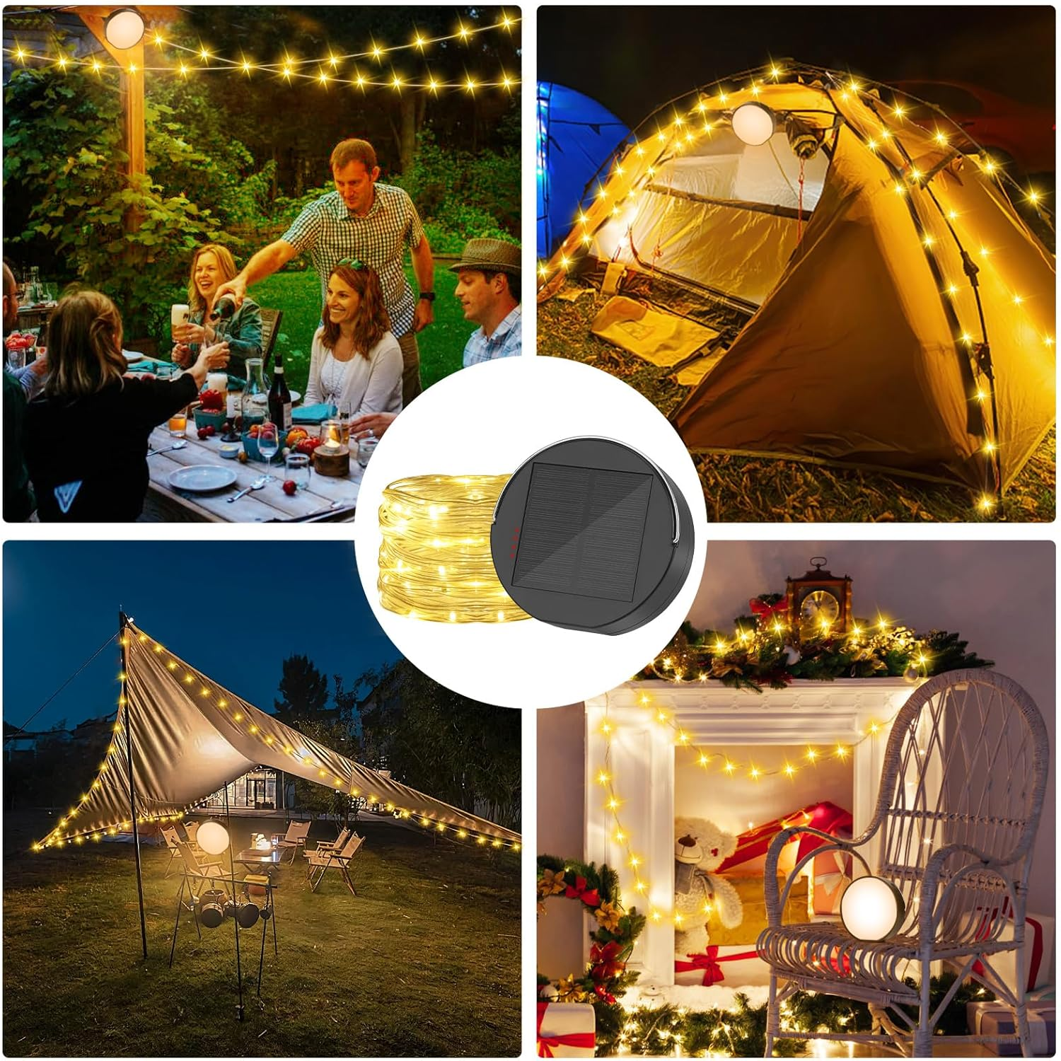 Festliche Szenen mit Lichterketten: eine Dinnerparty, ein beleuchtetes Zelt, ein Baldachin über einem Tisch und ein Kamin mit einem Stuhl.